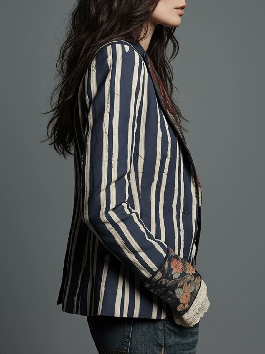 Naomi | Bohemian Floral Design Striped Blazer