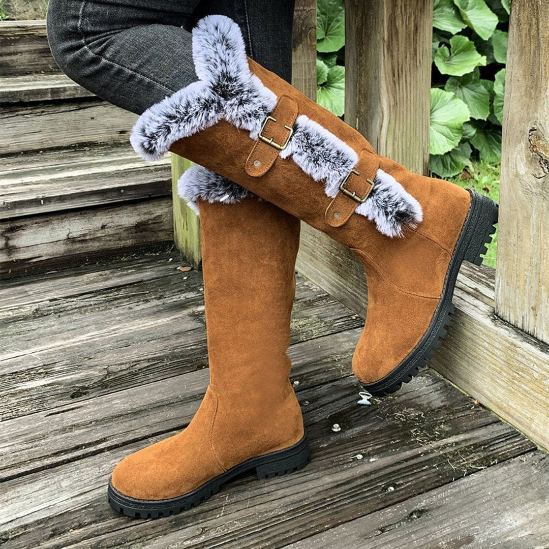 Juliette | Women's Faux Suede Fur-Trim Buckle Knee-High Boots