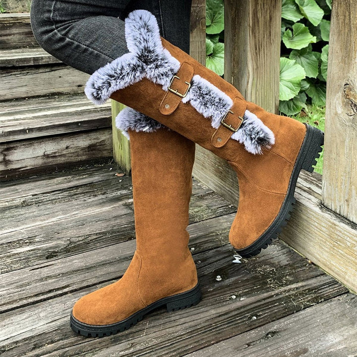Juliette | Women's Faux Suede Fur-Trim Buckle Knee-High Boots