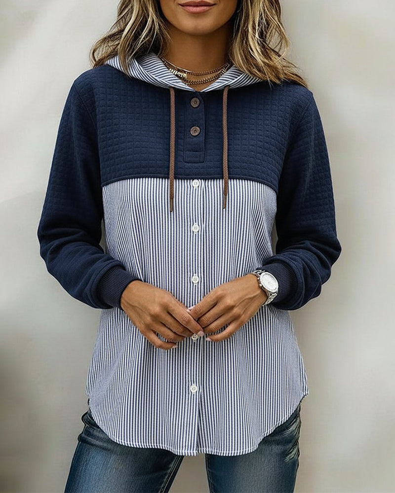 Button Up Hooded Shirt Vertical Stripe Patchwork