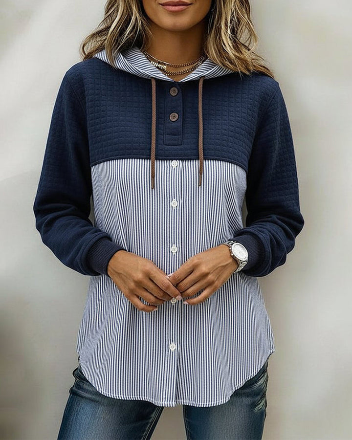 Button Up Hooded Shirt Vertical Stripe Patchwork