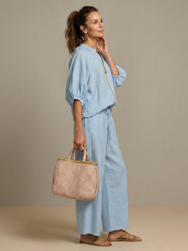 Helena | Zip-Front Blouson Top & Wide-Leg Trousers Two-Piece Set