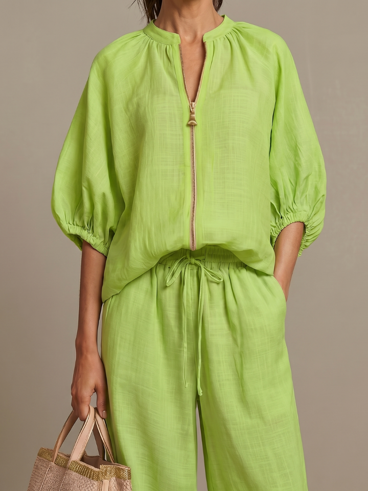 Helena | Zip-Front Blouson Top & Wide-Leg Trousers Two-Piece Set