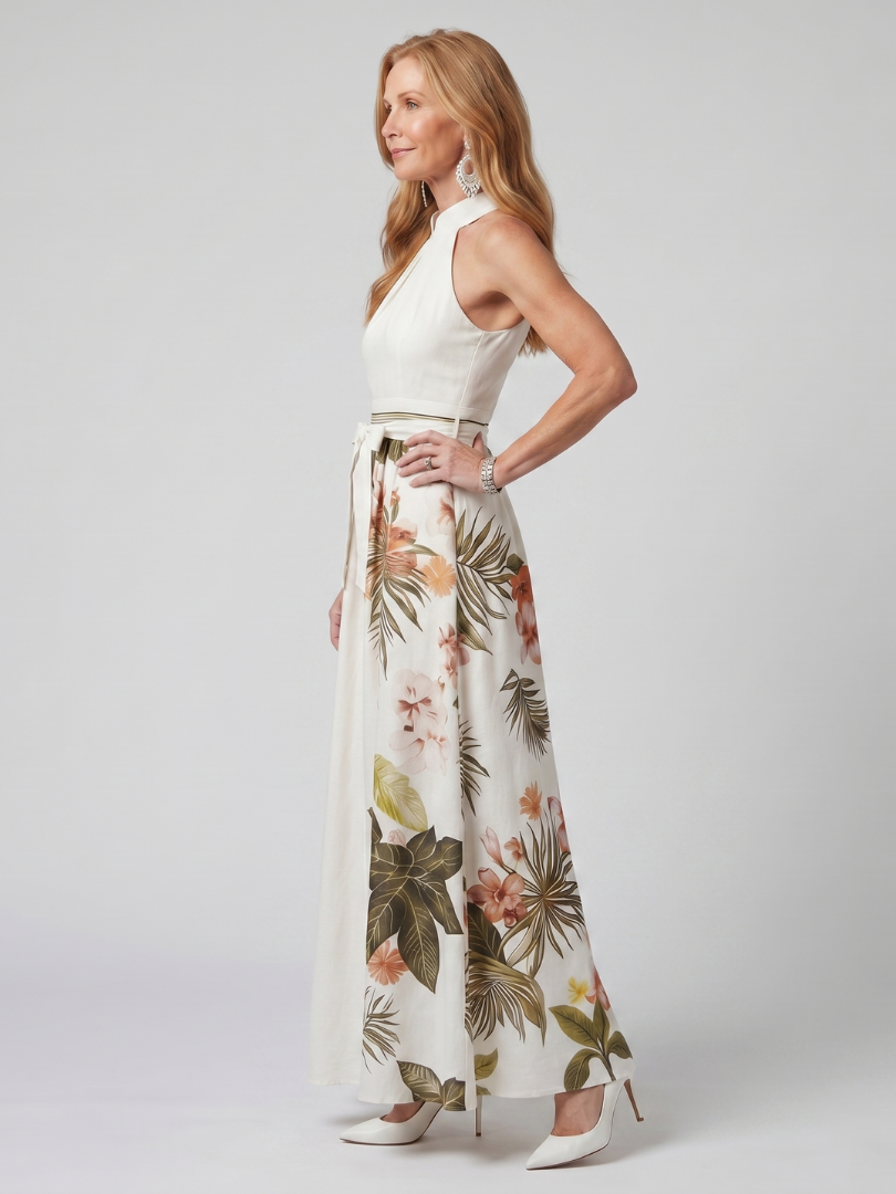 Maria | Draped Halter Botanical Panel Maxi Dress