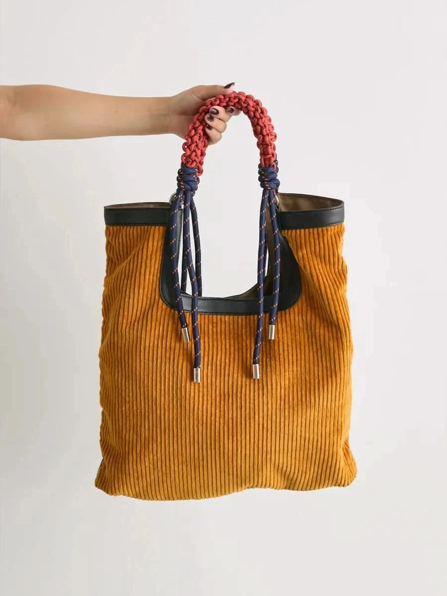 Lainey | Bold Braided Top Handle Corduroy Tote Bag