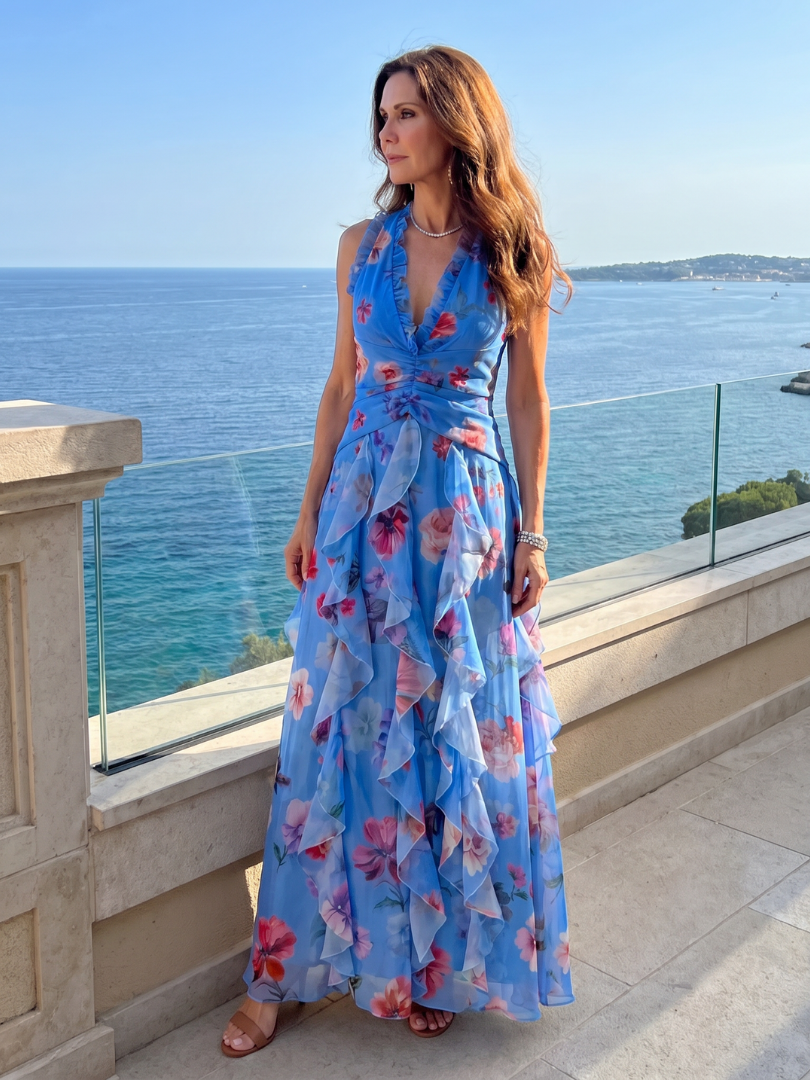 Liora | Halter Neck Ruched Bodice Floral Maxi Dress