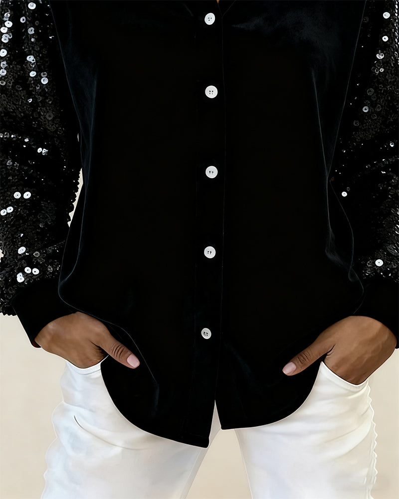 Long Sleeve Shirt with Sequins on the Collar