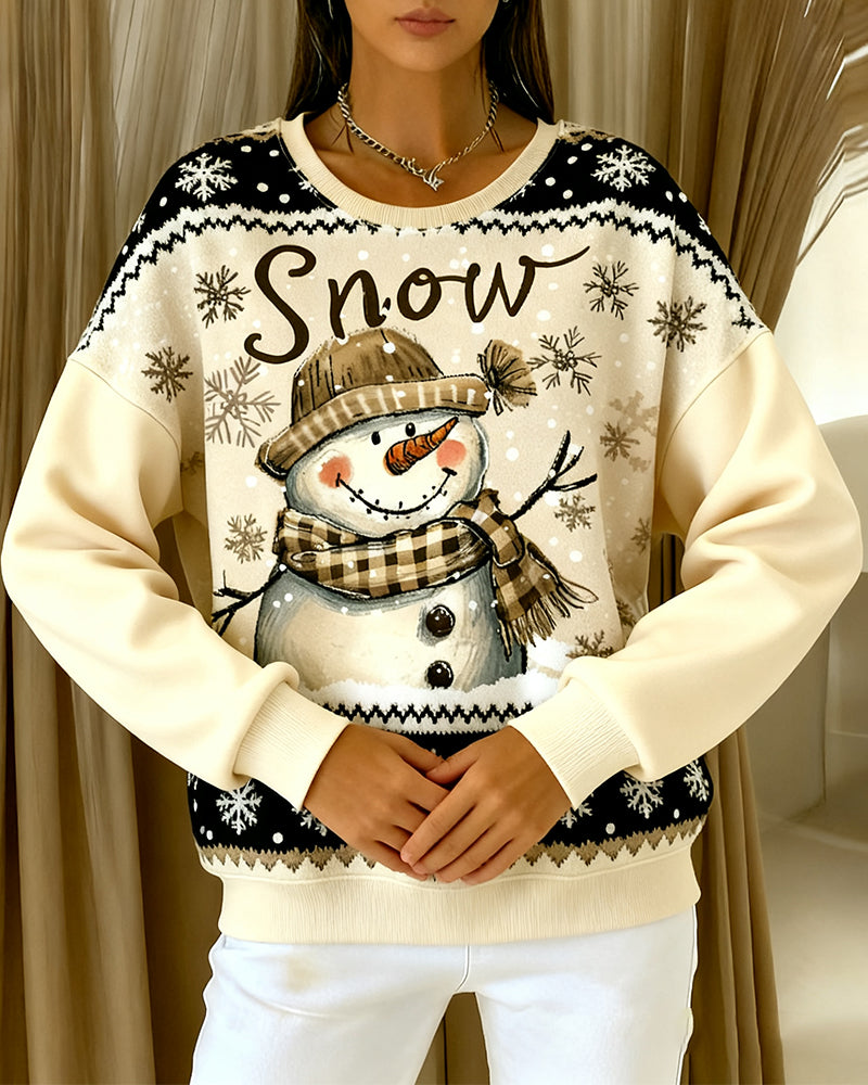 Long Sleeve Casual Sweatshirt with Snowman Print