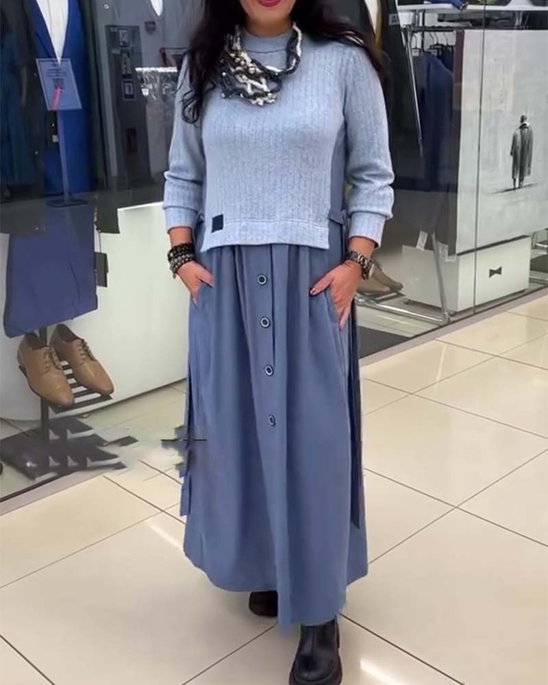 Dress Casual Color Block Round Neck