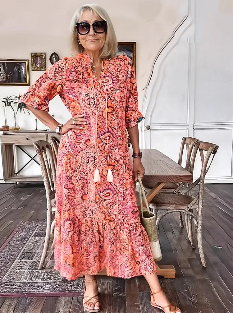 LUNESTRA – BOHO DRAWSTRING NECK MAXI DRESS