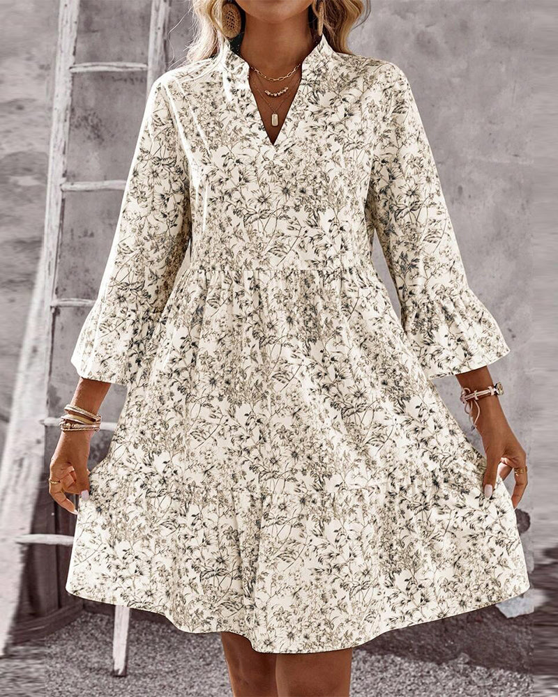 Dress with Stand Collar Floral Print A-Line