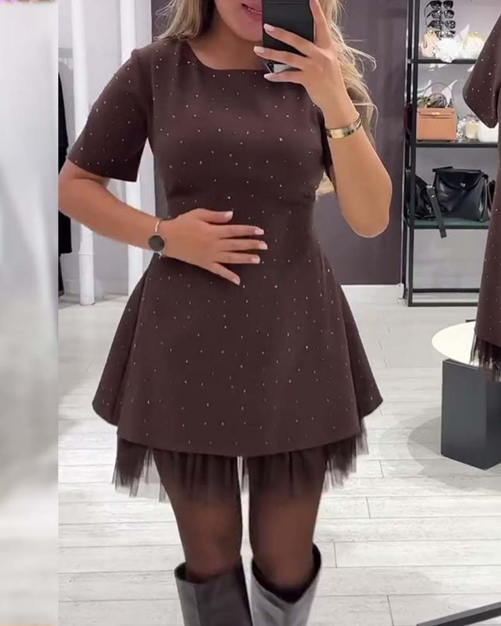 Elegant Dress with Sparkling Mesh Patchwork