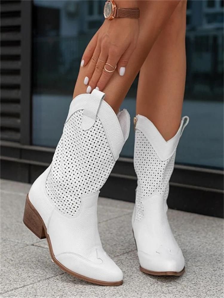 Paulina | Perforated Leather Cowboy Boots with Block Heel