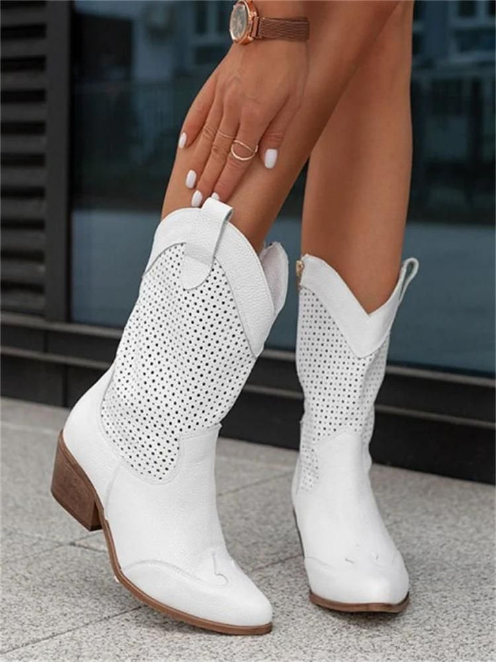 Paulina | Perforated Leather Cowboy Boots with Block Heel