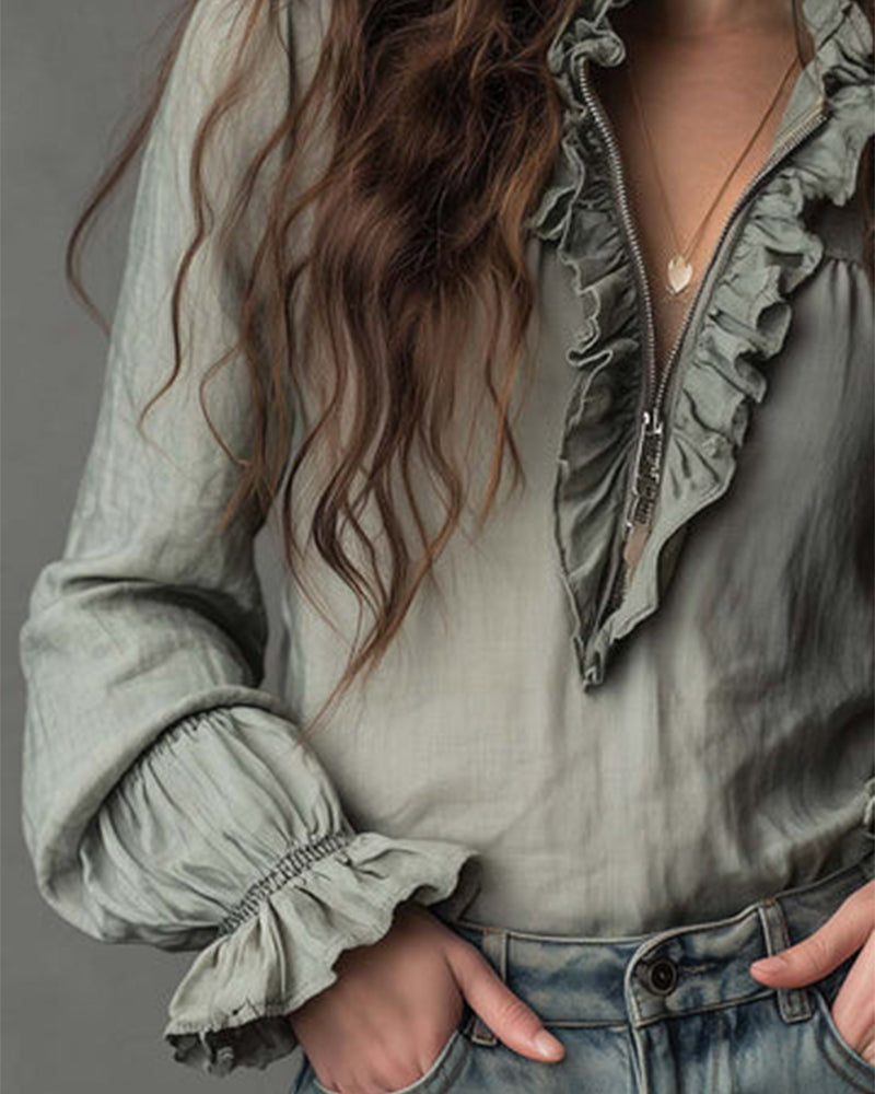 Fashionable Ruffled Demi Zip Blouse
