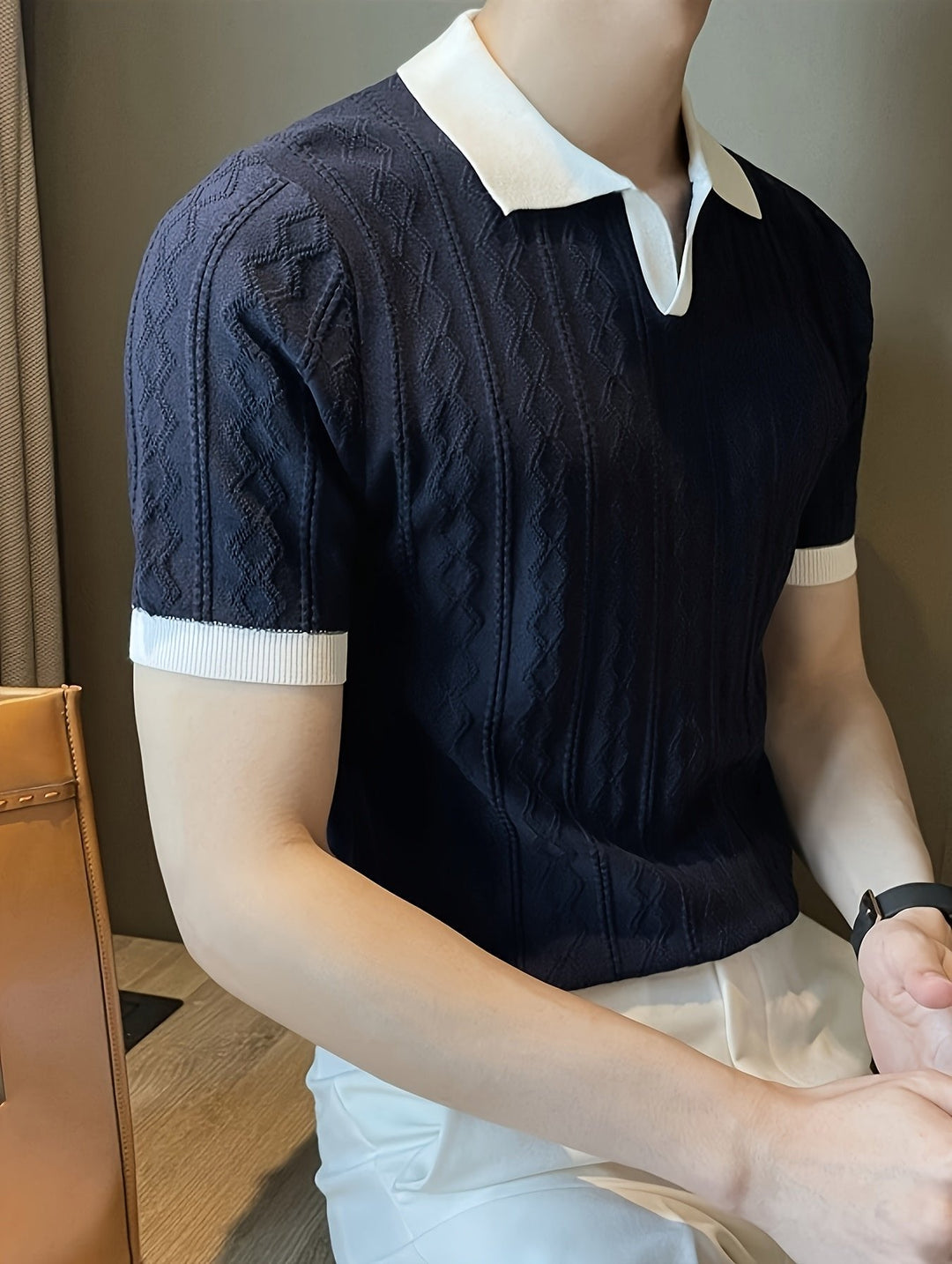 Nathan | Textured Contrast-Collar Slim Fit Polo Shirt