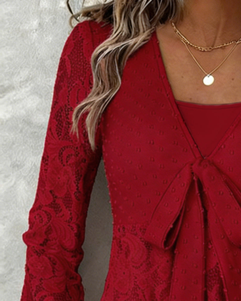 Solid Color Balloon Sleeve Blouse with V-Neck