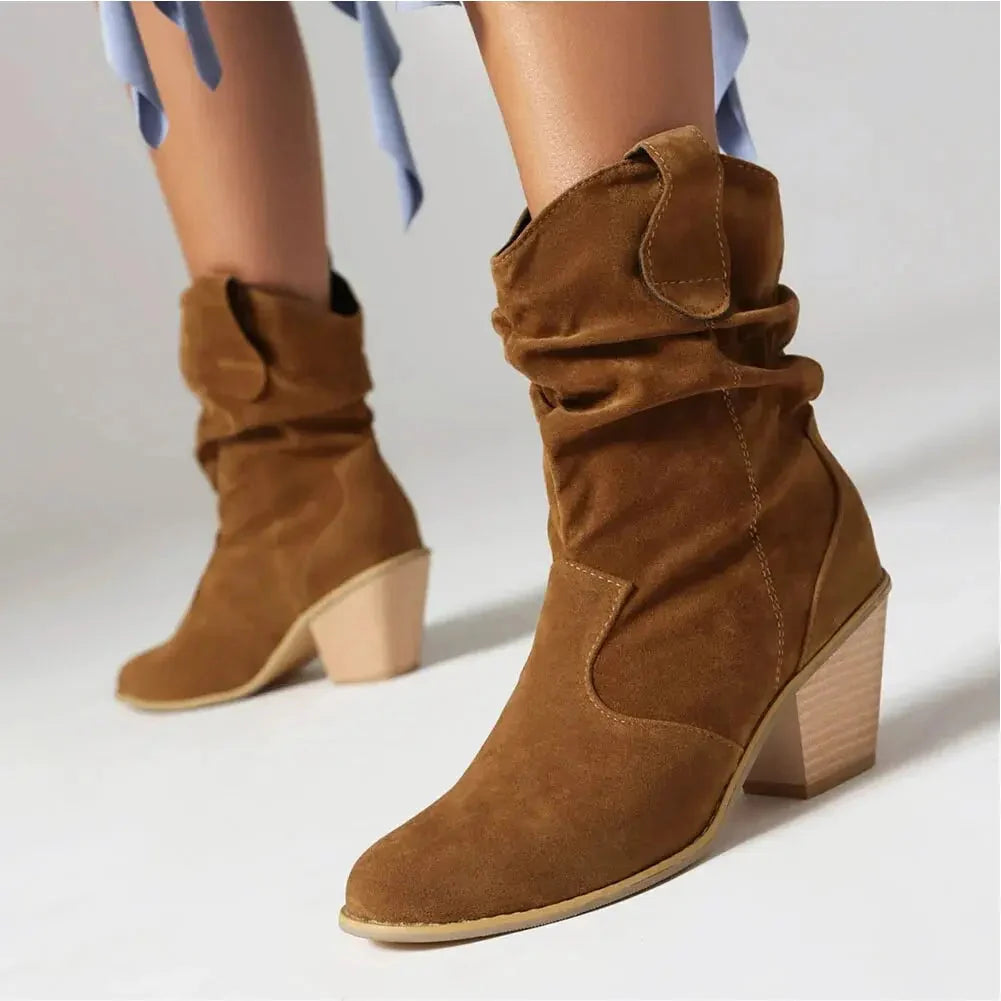 Ruby | Retro Suede Slouchy Cowboy Boots with Chunky Heel