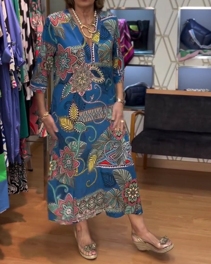 Vintage Floral Print V-Neck Dress