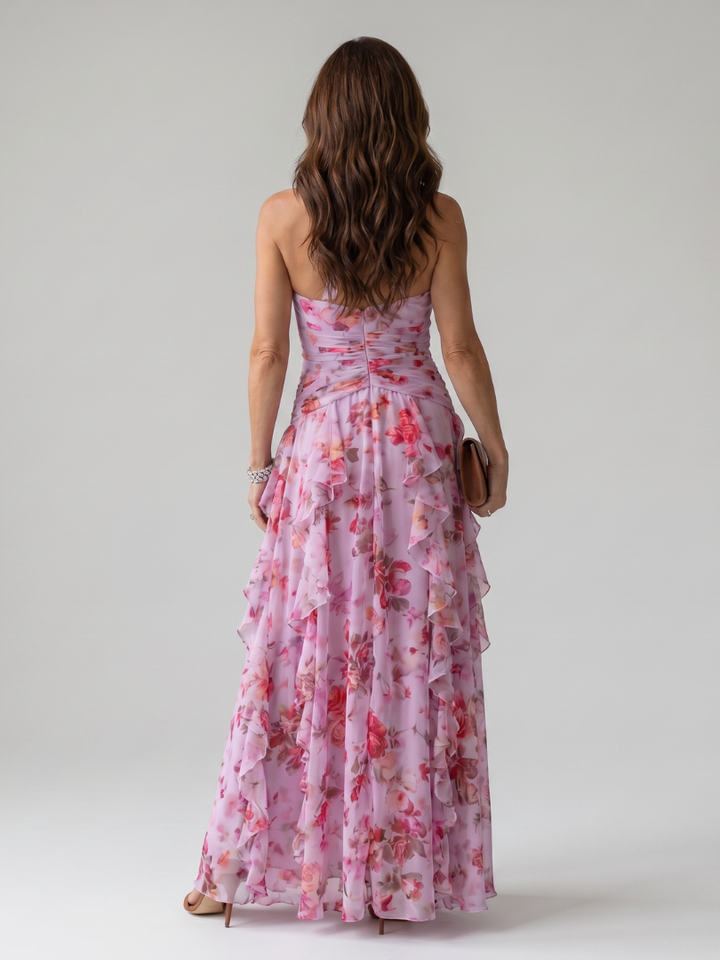 Liora | Halter Neck Ruched Bodice Floral Maxi Dress
