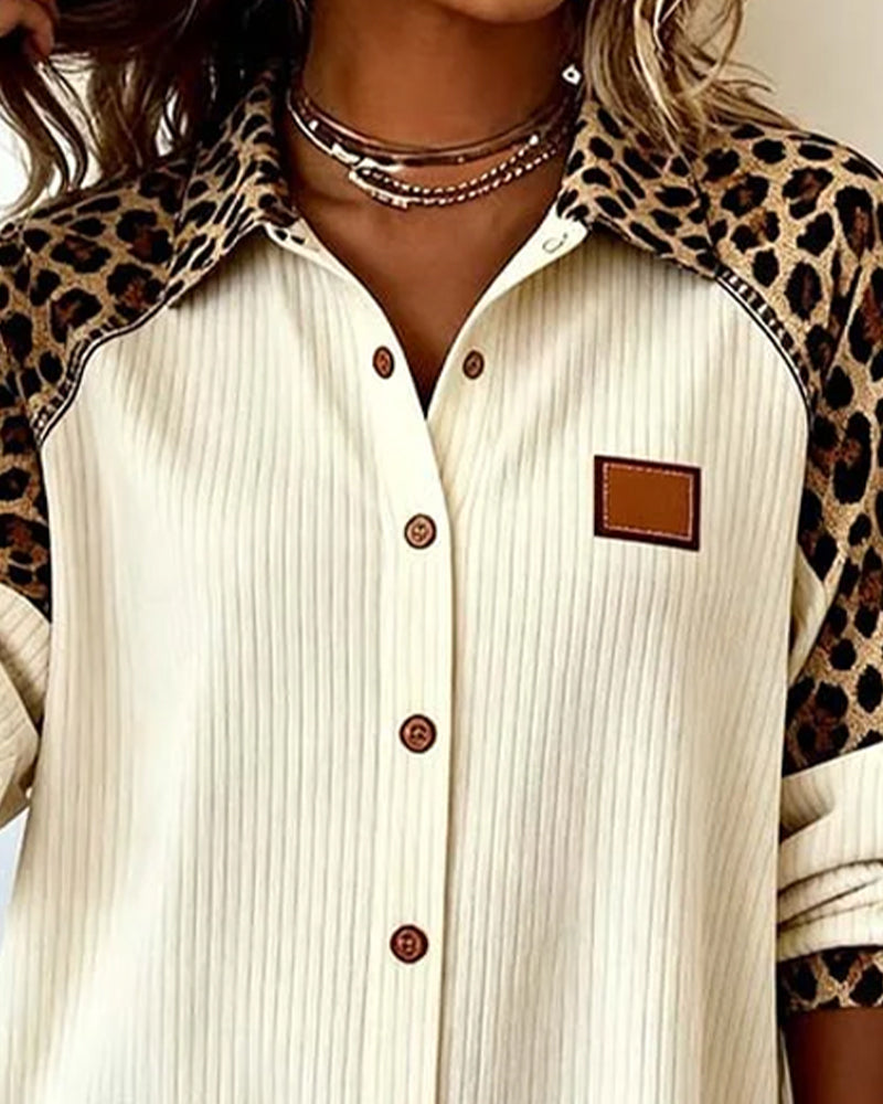 Shirt with Lapel Button Closure Leopard Print