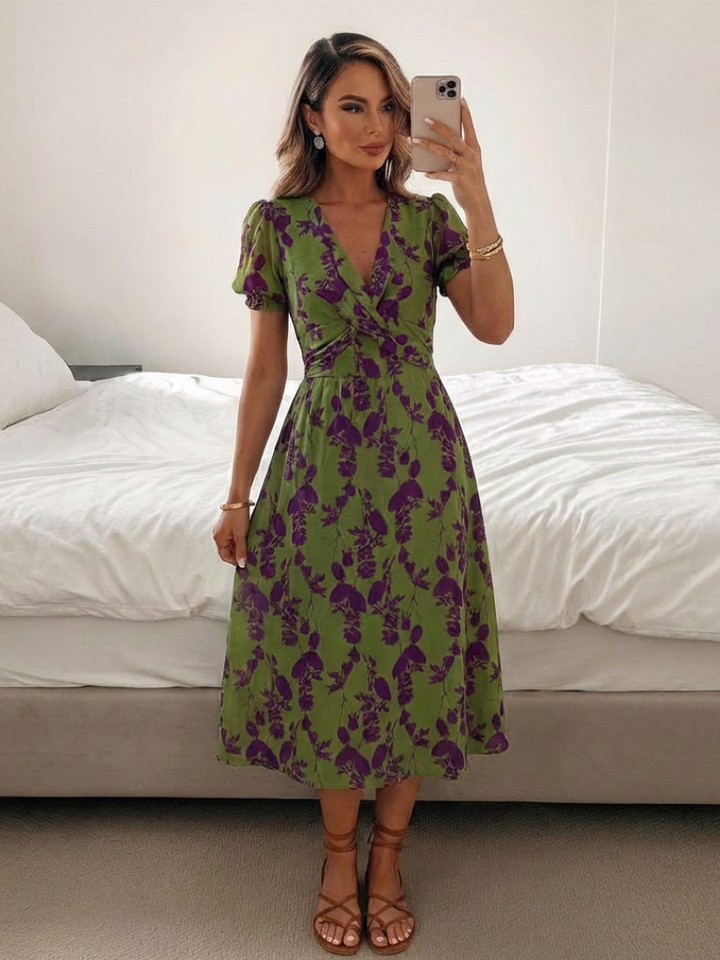 Amelie | Short Sleeve Floral V Neck Midi Dress