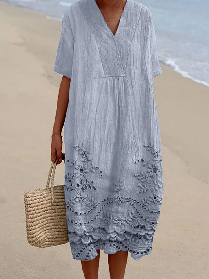 ORIANA – COTTAGE FLORAL EMBROIDERED LACE HEM DRESS