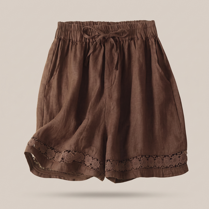 Riva | Relaxed Fit with Embroidered Lace Trim Linen Shorts