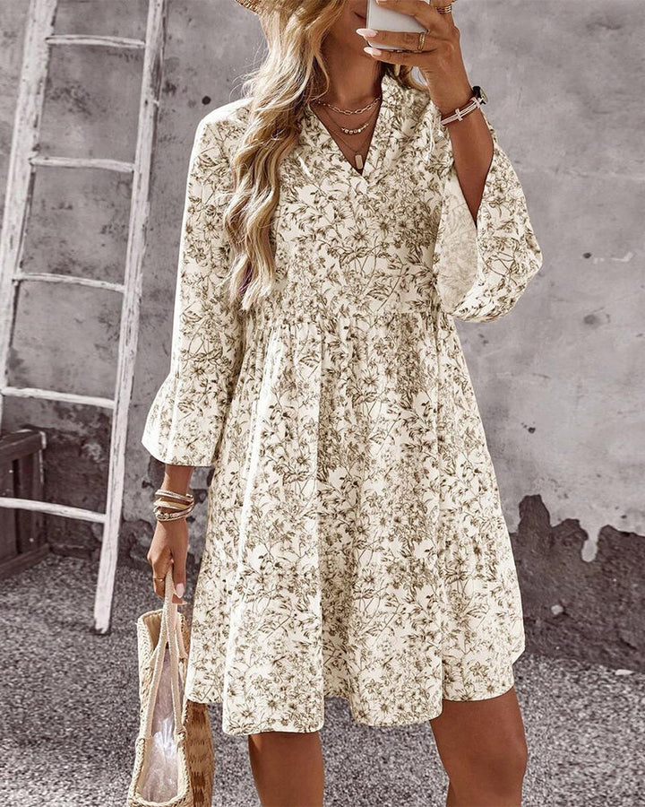 Dress with Stand Collar Floral Print A-Line