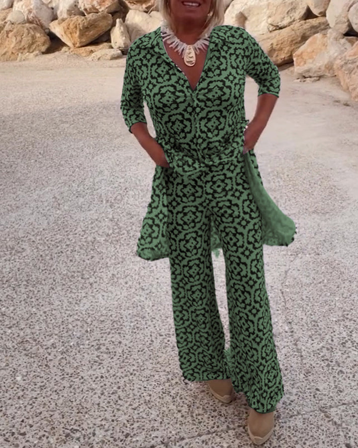 Cassandra | Women's Printed V-Neck Tunic & Wide-Leg Pants Set
