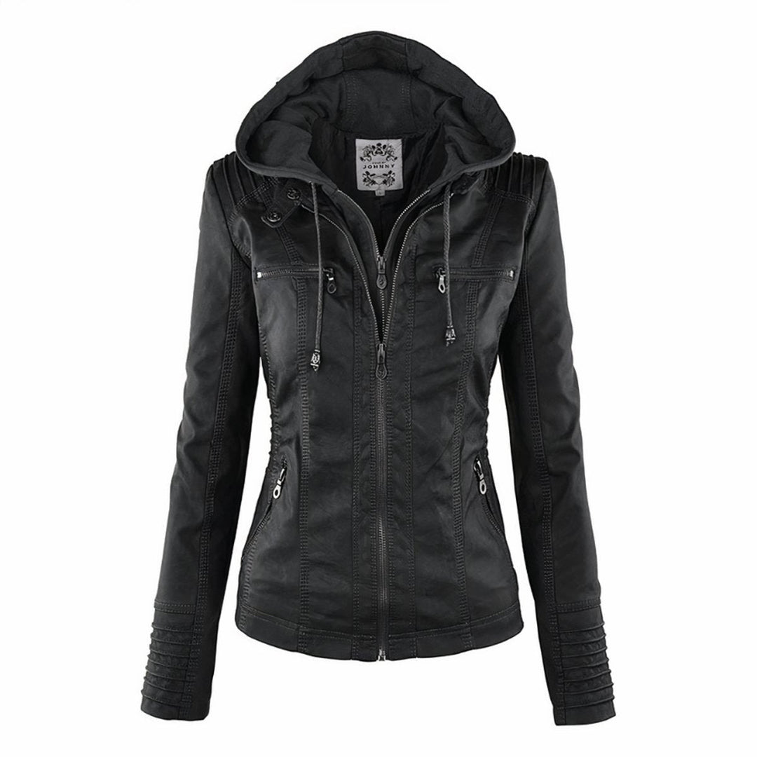 Andrea | Versatile Removable Hood Faux Leather Jacket