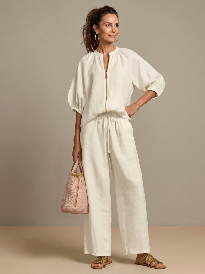 Helena | Zip-Front Blouson Top & Wide-Leg Trousers Two-Piece Set