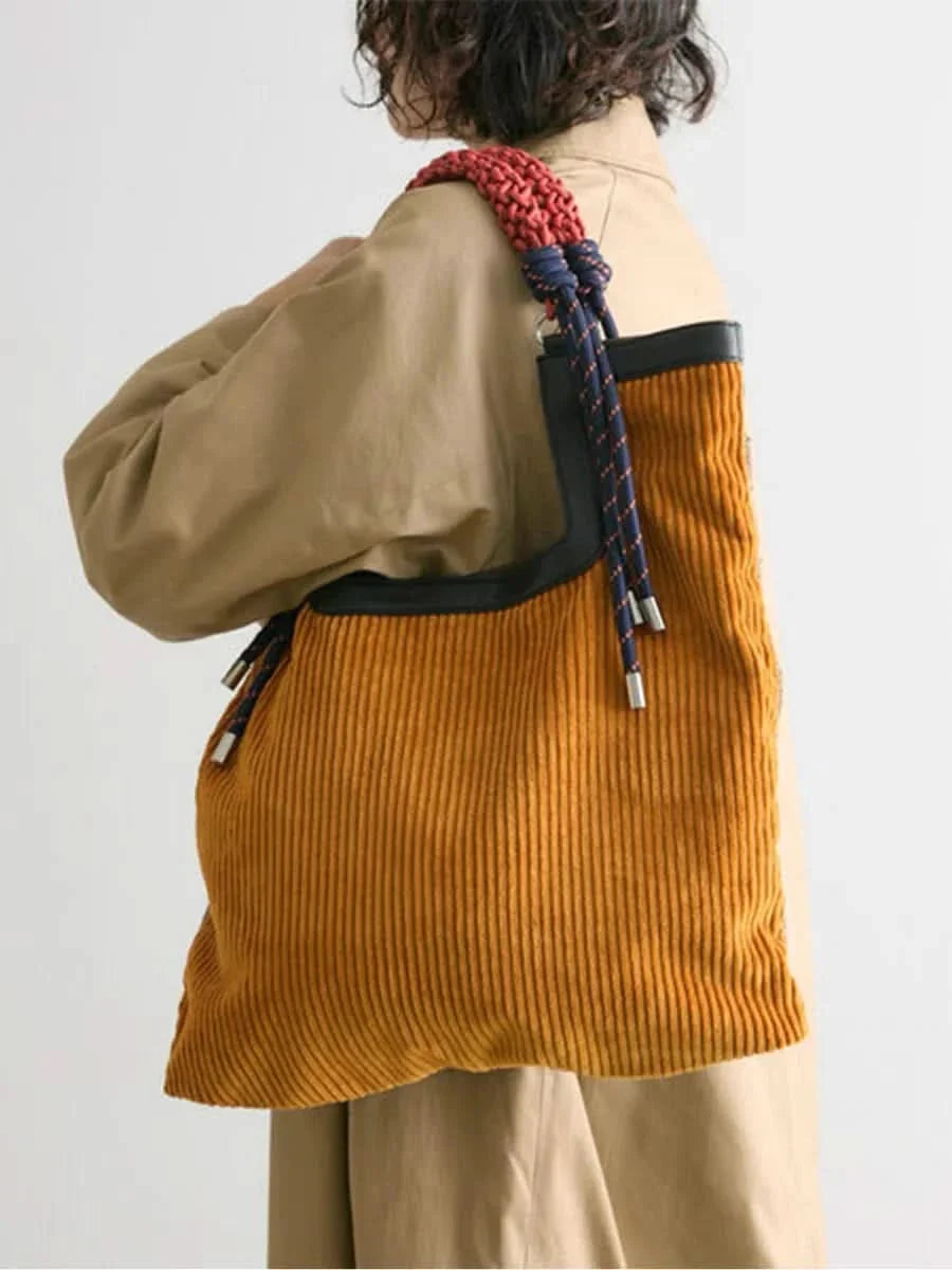 Lainey | Bold Braided Top Handle Corduroy Tote Bag