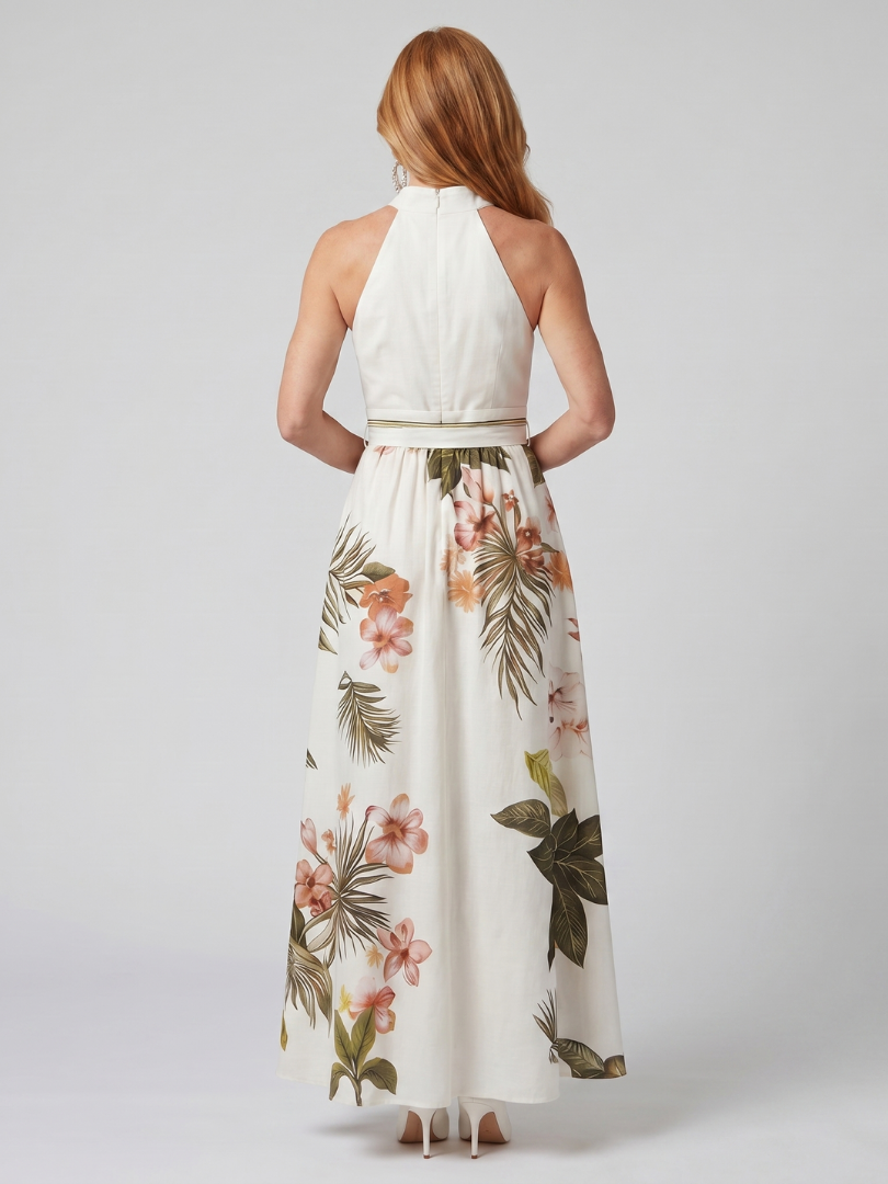 Maria | Draped Halter Botanical Panel Maxi Dress