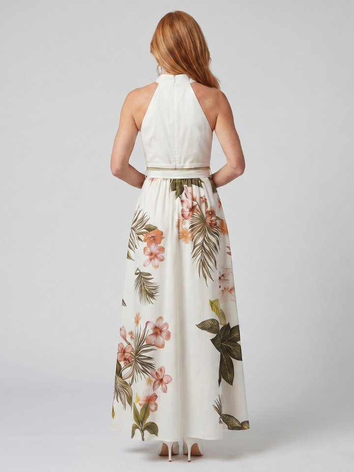 Maria | Draped Halter Botanical Panel Maxi Dress