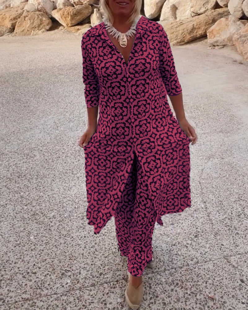 Cassandra | Women's Printed V-Neck Tunic & Wide-Leg Pants Set