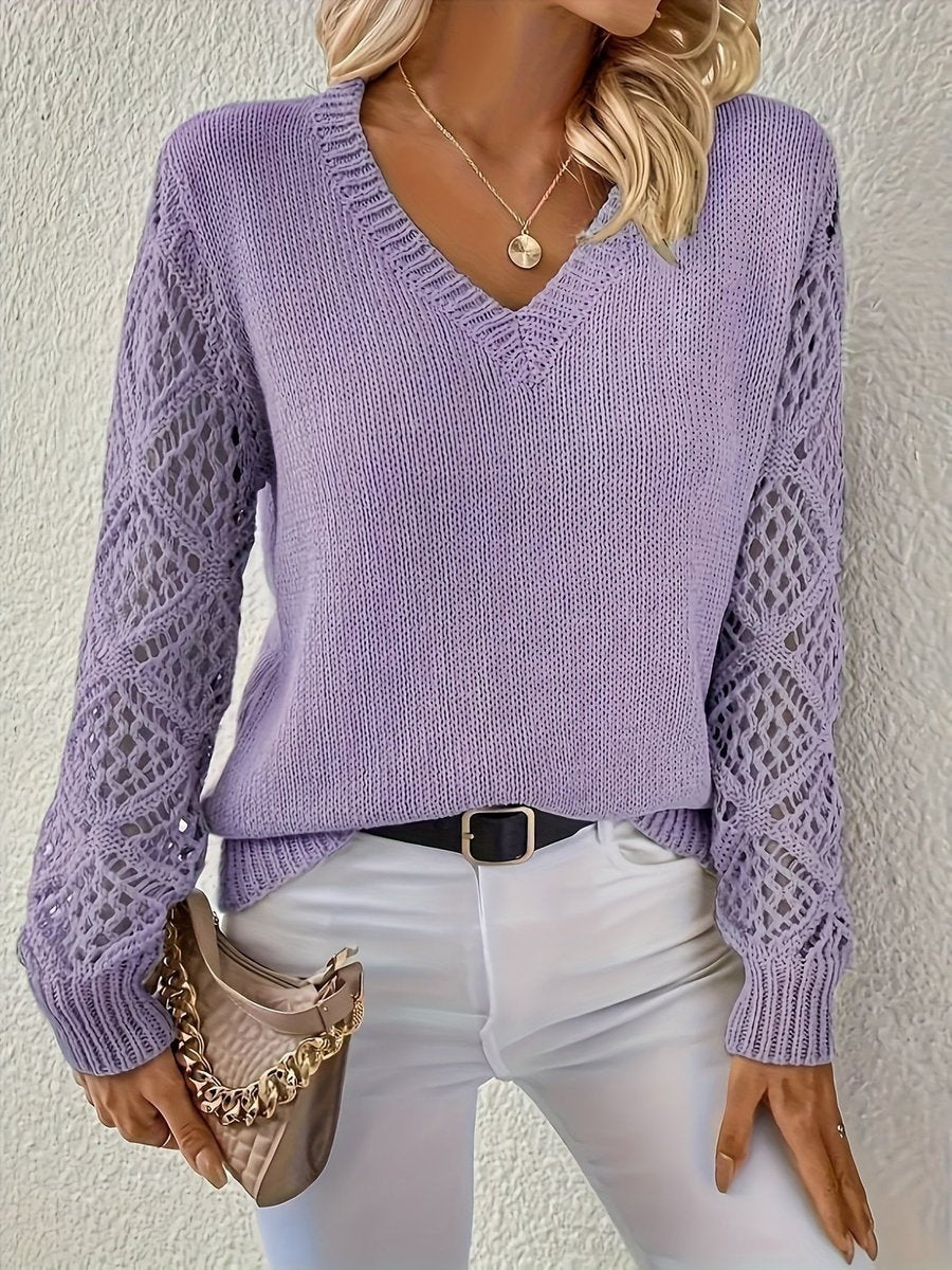 Aviana | Elegant Lace-Sleeve V-Neck Knitted Sweater