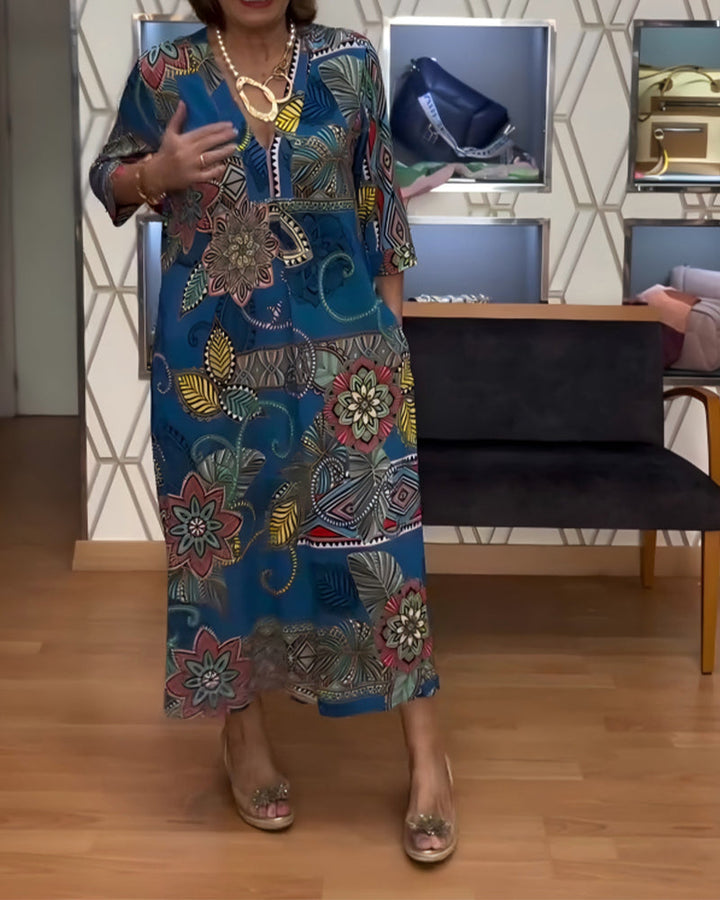 Vintage Floral Print V-Neck Dress