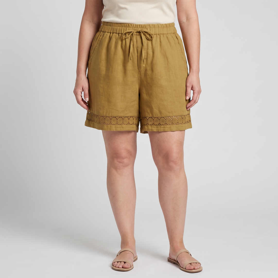Riva | Relaxed Fit with Embroidered Lace Trim Linen Shorts
