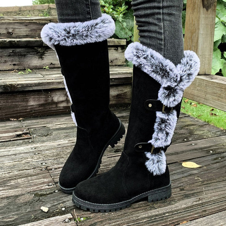 Juliette | Women's Faux Suede Fur-Trim Buckle Knee-High Boots