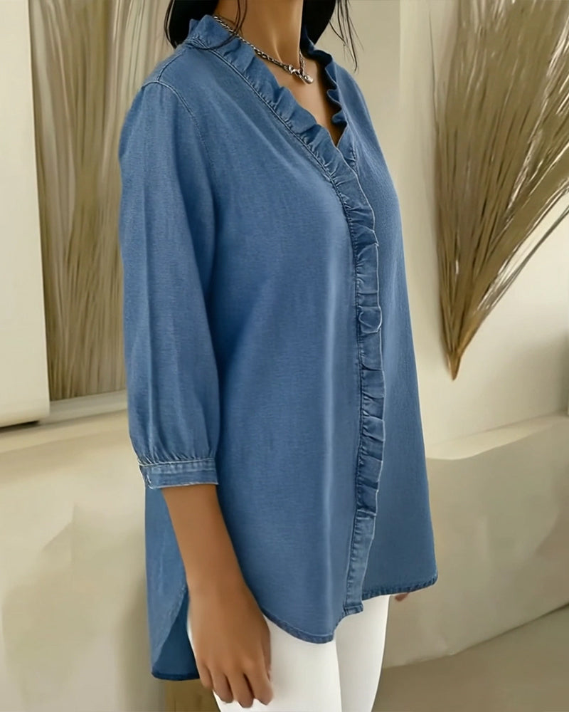 Blouse Ruffle V-neck Denim
