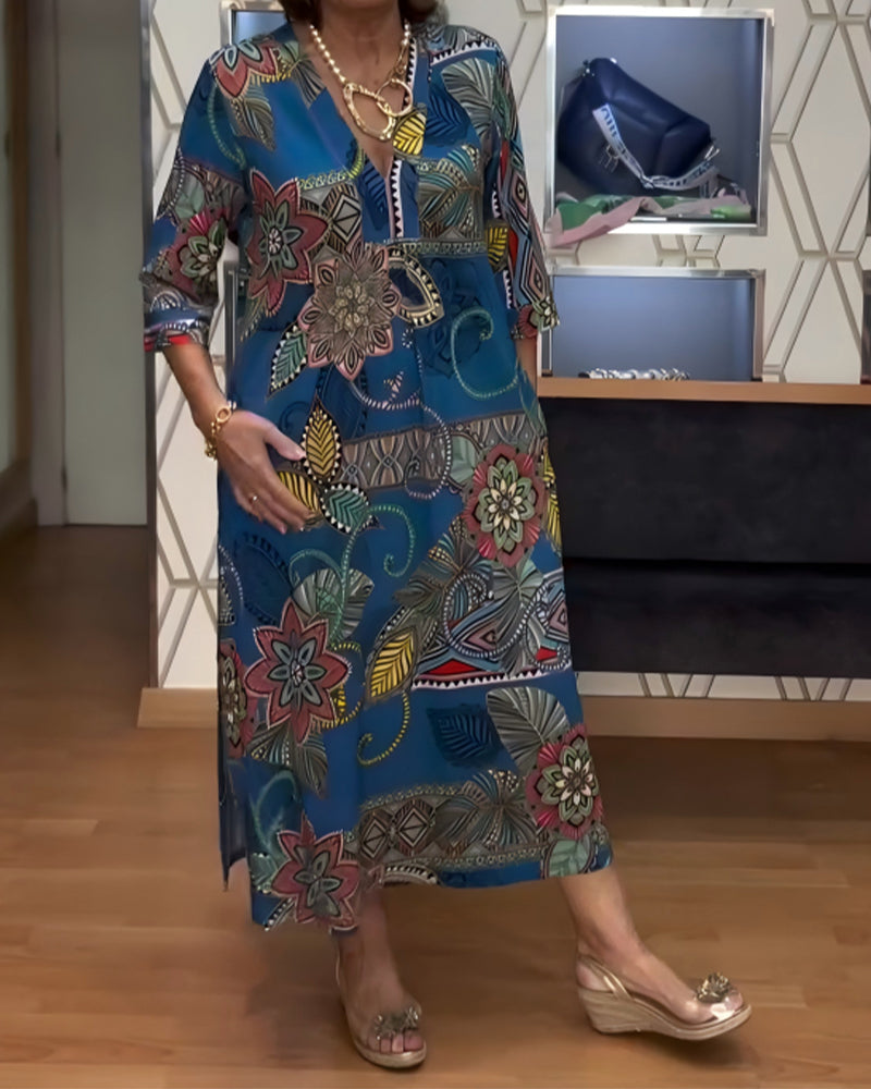 Vintage Floral Print V-Neck Dress