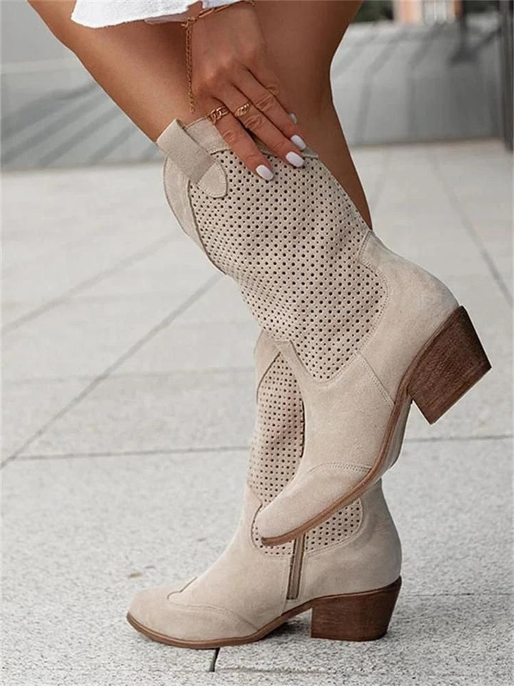 Paulina | Perforated Leather Cowboy Boots with Block Heel