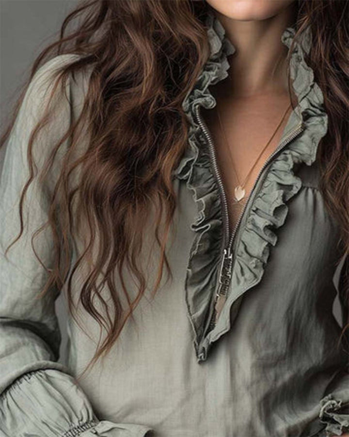 Fashionable Ruffled Demi Zip Blouse