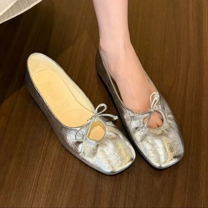Eloise | Square-Toe Scrunch Ballet Loafer with Bow Accent