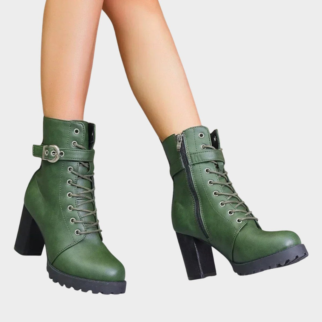 Rowena | Lace-Up Buckle Block Heel Combat Ankle Boots