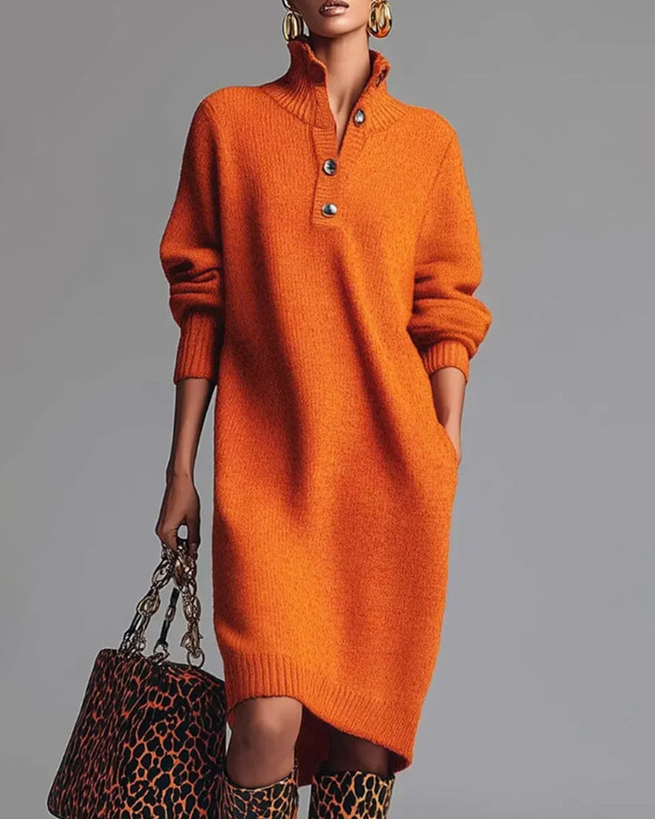 Solid Color Dress with Buttons and High Neck