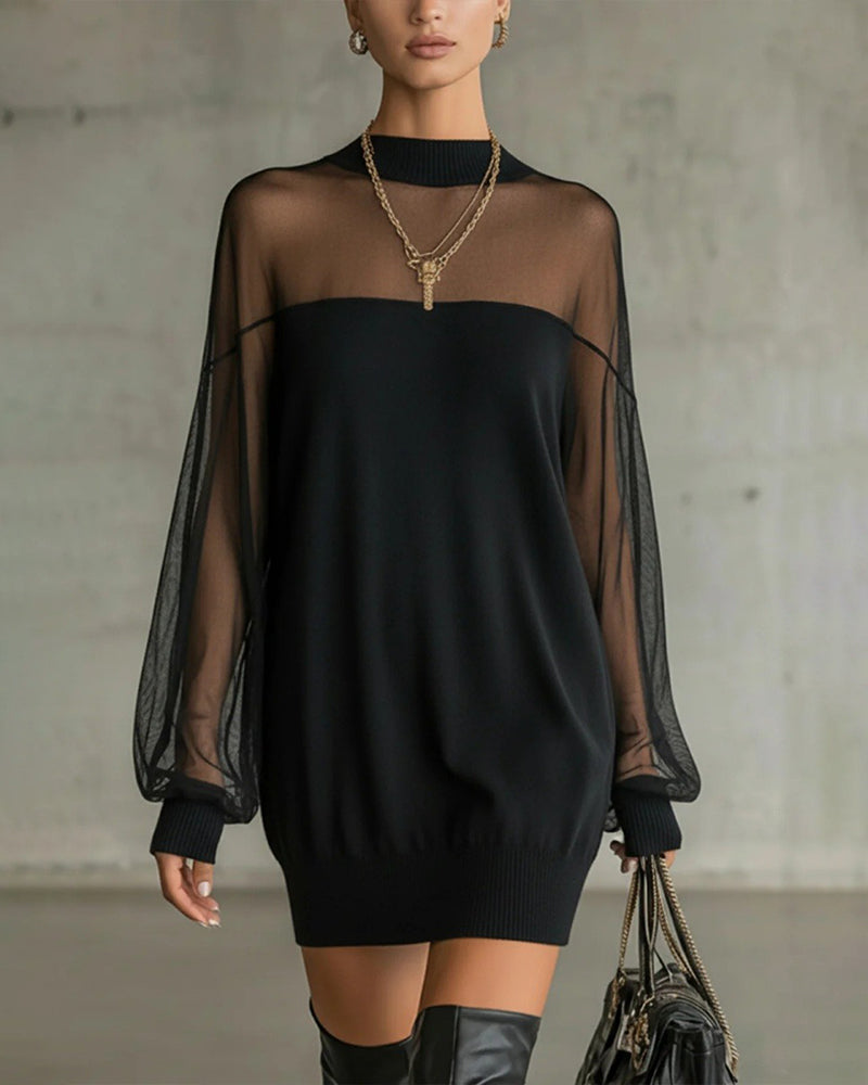 Dress Lantern Sleeve Solid Color Patchwork