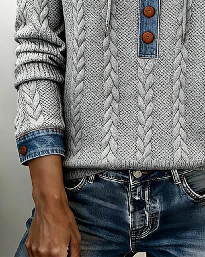 Color Blocked Long Sleeve Hoodie with Buttons
