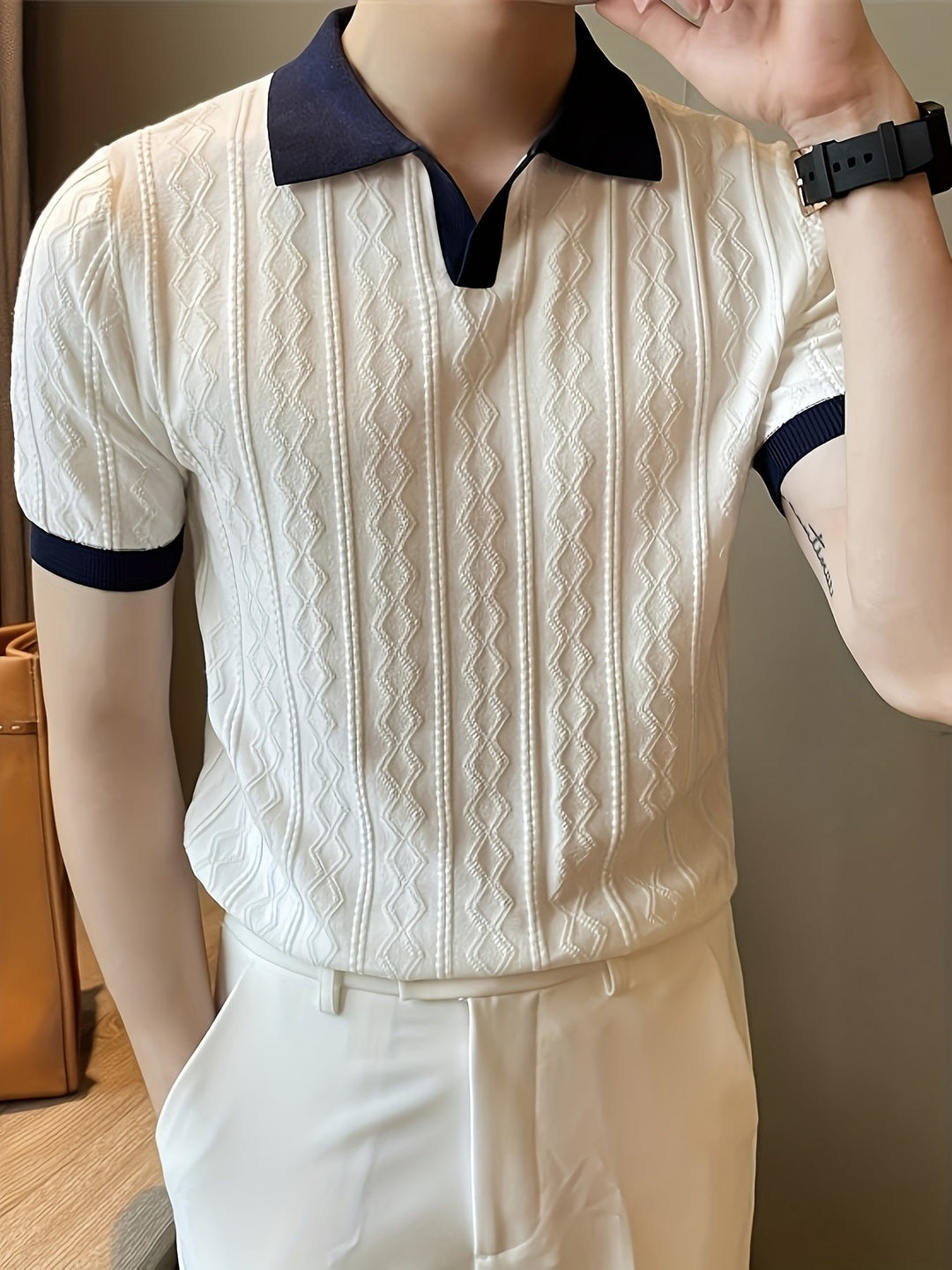 Nathan | Textured Contrast-Collar Slim Fit Polo Shirt